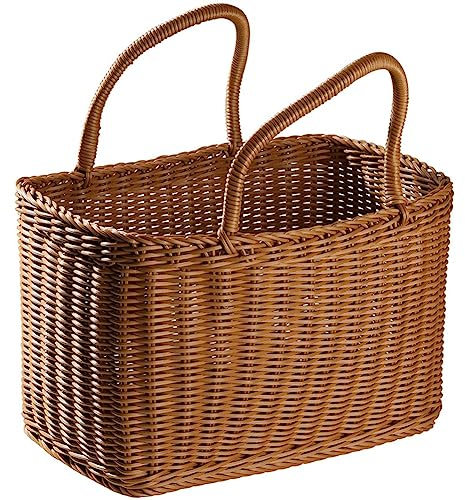 Otueidnsy 1 Pièce Paniers en Osier Tissé Fleur Poignées Paille Fruits Cadeau Shopping Main Fourre-Tout Marron