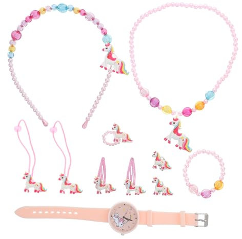 OATIPHO Einhorn Kinderuhr Satz Mit Silikonarmband Halskette Und Haarschmuck in Rosa Kinder Schmuckset Für Mädchen Geburtstag Und Party