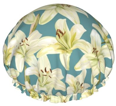 Hair Cap for Shower - Light Green Lilies Flowers Double Layer Shower Cap Reusable Waterproof, Large Shower Cap for Women, Hair Cap for Shower with Peva Lining and Elastic Rope