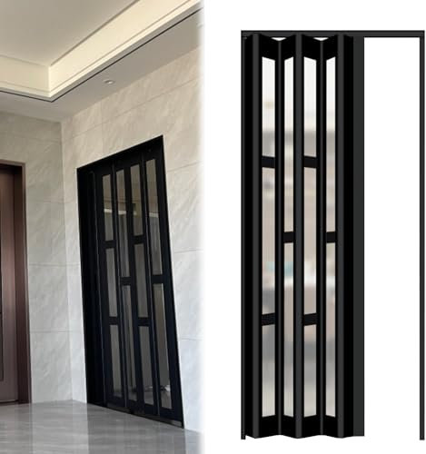 Schiebetür Falttür falttüren innentüren Mehrfach gefaltete Schranktür mit klarem Acrylglas, Schwarze Akkordeon-Innentür für Kleiderschrank Küche Dusche Bad, Anpassbare Glas & Panels Styel(WxH 44x80in(