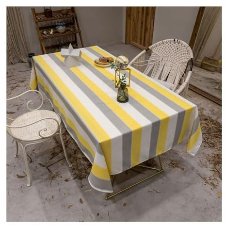Epinki Tischwäsche 135x220CM, Tischdecke Streifen Leinen, Biertisch Tischdecke Hochzeit Garten Zimmer Tischdekoration für Wohnzimmer, Esszimmer, Balkon, Garten, Gelb Grau Weiß