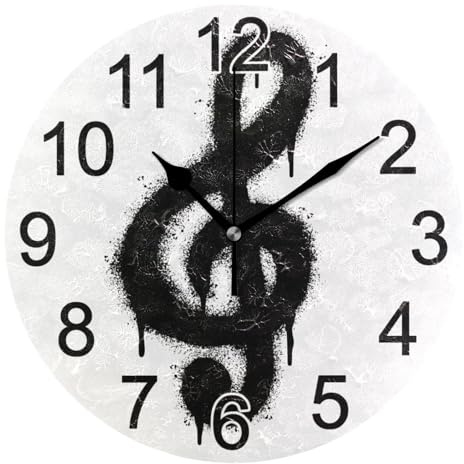 Mnsruu Reloj de pared con símbolo de clave de sol de graffiti, silencioso, funciona con pilas, redondo, decorativo, para sala de estar, dormitorio, baño, oficina en casa