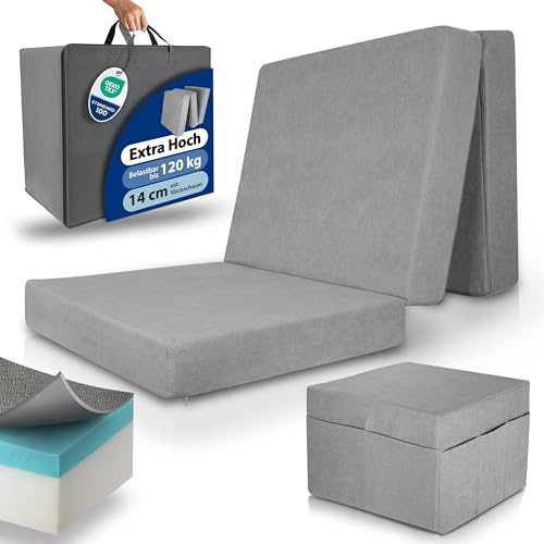 Beautissu Premium XXL Klappmatratze Gästebett faltbar inkl. Husse H3 | 120x200cm Grau extra dick 14cm Visco-Matratze optimaler Härtegrad hoher Schlafkomfort Gästematratze klappbar waschbar VS95