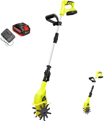 DOJOEUU Portable Cordless Electric Rotavator, Handheld Garden Tiller Cultivator with 2000mah Battery and Charger, 10cm Tilling Width, 25cm Working Depth, Garden Tiller for Soil Cultivation