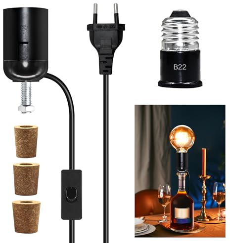 Kit de lampe en bouteille, douille E27 pour bouteilles, kit d'adaptateur de lampe à bouteille noire, pour lampe de table, 3 bouchons en liège pour différentes bouteilles, conversion facile de la