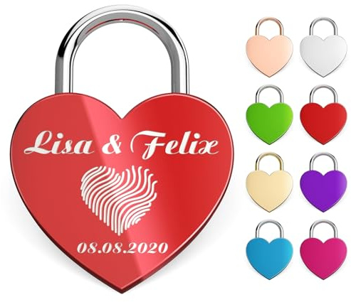 Metzler Cadenas en forme de cœur personnalisé avec gravure - Cadenas d'amour avec nom et date - Cadenas rouge avec clé en forme de cœur en métal - Résistant aux intempéries - Cadeau romantique pour