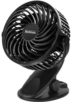 Holmes 4” On-The-Go Personal Fan with Clip – 3 Speed Settings, 360° Rotation, Rechargeable Battery, USB-C Charging, Compact & Portable Design, Black – Ideal for Desks & Personal Spaces