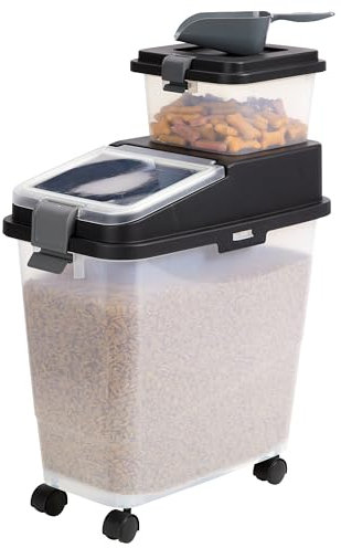 Mighty Tuff 3 Piece Airtight Dog Food Storage Container, Up to 36 lbs, with 5 lbs Dog Treat Container and Portion Scoop – BPA Free Airtight Pet Food Bin on Wheels
