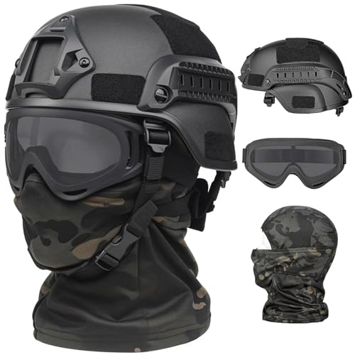 YChoolco Casco Airsoft Mich Negro con Pasamontañas Elástico Gafas Antivaho y Protección Facial Completa Táctica for Caza