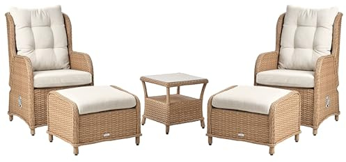 Beliani Lounge Set 5-teilig Rattan braun mit Auflagen Creme weiß Sessel versellbar Ponza