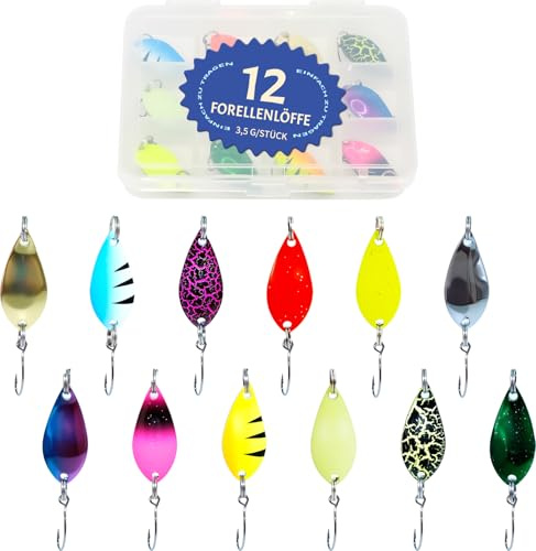 Vipuikos 12 Stück Forellen Spoon Set Forellenköder, 3,5g Blinker Angeln, Kunstköder Spinner Angeln mit Aufbewahrungsbox, Forellenköder Neuheiten Set Trout, für Forelle, Hecht, Zander, Lachs, Barsch