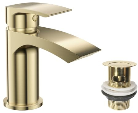 VeeBath Cascade Mono Basin Mixer Tap – Rounded Edge Design, Brushed Brass Finish, G1/2 Inlet with Pop-Up Waste, Single Lever, Deck Mounted, Modern Bathroom Tap, Sink Mixer with 1 Hole