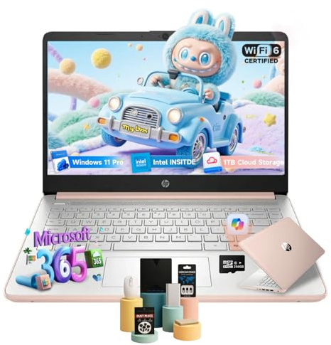 HP Laptop 2025 de 14 pulgadas, procesador Intel N150, 16 GB de RAM, 384 GB de almacenamiento (128 GB UFS+256 GB MSD), Windows 11 Pro, Copilot AI, Wi-Fi 6, cámara web, oro rosa