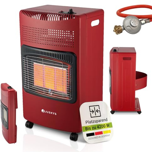 Juskys® Keramik Gasheizung GS42US in Rot - 4200 W mit Druckregler & Schlauch - Mobil, effizient & energiesparend - Gasheizer Gasheizofen Gasheizgerät