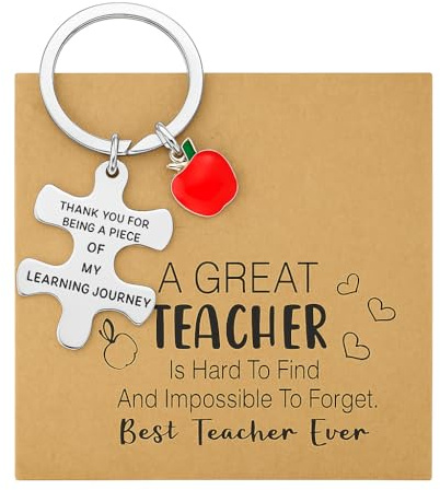 Porte-clés Thème Enseignant avec Pendentif en Forme de Pomme et de Puzzle, Cadeau de Remerciement avec Carte pour Professeur, Best Teacher Ever,Bagages Décor