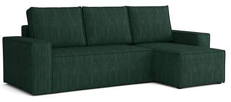 Ecksofa L Form Bergamo 240x142 cm mit Schlaffunktion und Bettkasten Couch Cord Schlafsofa Schlafcouch universale Seite klein Flur Sofa, 3 Sitzer Wohnlanschaft Cornersofa Bettsofa Kissen grün