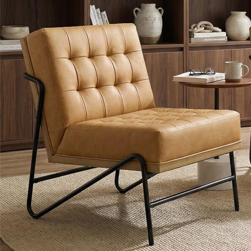 chairus Akzentstuhl PU-Leder Metallbeine Gepolstert Modern Gelb | PU-Leder-Bezug, Metallbeine, gepolstert, modernes Design, Loungesessel, für Wohnzimmer, Schlafzimmer, Leseecke