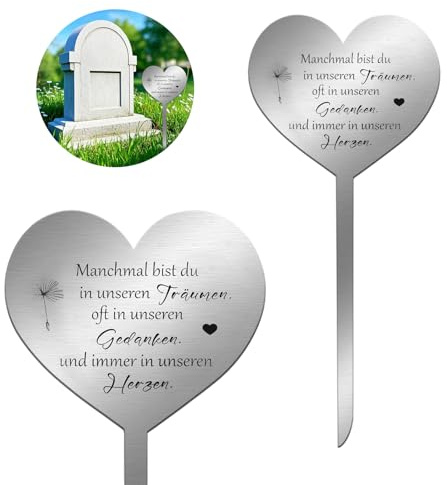 MDPUTY Grabschmuck Wetterfest, Grabstecker Edelstahl Herz 28cm Grabdekoration Löwenzahnmotiv Grabdeko Grabstein Katze für den Todestag des Verstorbenen Gärten Höfe