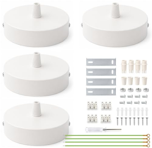 LongZYU 4 Pcs Baldachin Lampe, 100mm Metall Deckenrosette, Deckendose Weiß | Deckenbaldachin Rund, Inklusive Anschlussklemmen und Schraubendreher Geeignet für Kronleuchter, Wandleuchten, Deckenleuchten