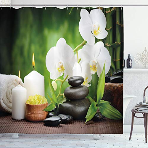 ABAKUHAUS Spa Duschvorhang, Steine und Orchideen, Stoffliches Gewebe Badezimmerdekorationsset mit Haken, 175 x 240 cm, Weiß Grün und Schwarz