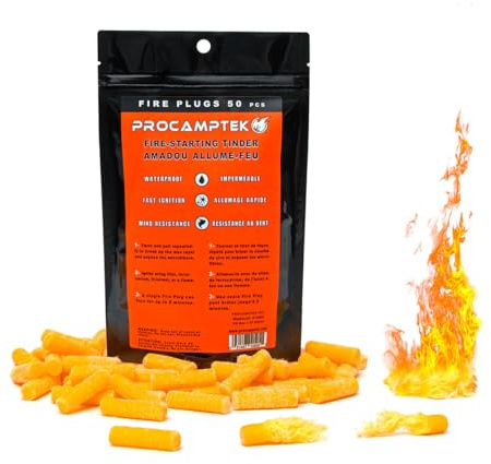 Procamptek Fire Plugs 100% Waterproof Fire Starter for Emergencies, Survival, Campfire, Fire Pits, Grills | Burns 5+ Minutes, All Natural, Non-Toxic (50 Fire Plugs)