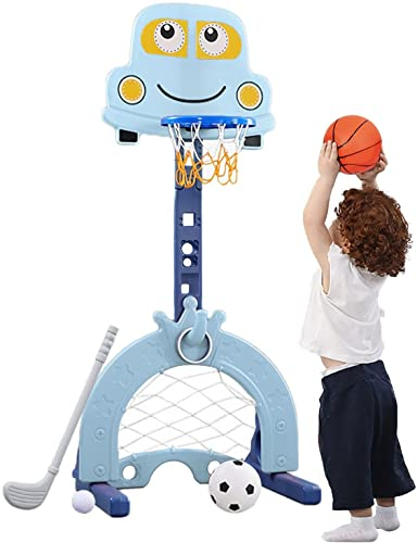 Basketball Hoop for Toddlers Kids Indoor Outdoor 4-in-1 Sports Activity Center Play Set Adjustable Basketball Hoop/Soccer Goal Ring Toss Golf Best Gift for Kid Baby Toddler Infant (car blue)