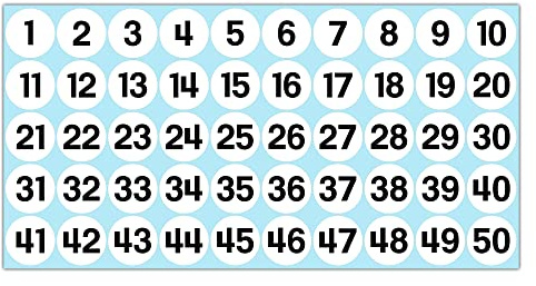GamesMonkey® - Étiquettes Chiffres Autocollants Cercles - Blanc - de 1 à 50 - (50-500 - 2500 pièces)(10-25 mm) Vinyle Imperméable - Inventaire Consécutif (25 mm - 2,5 cm, 50 pièces - 1 feuille)