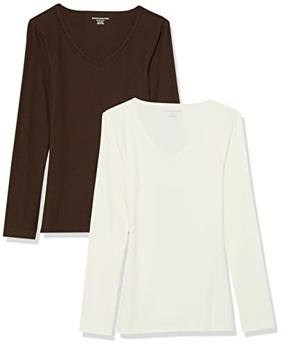 Amazon Essentials Camisas de Manga Larga con Cuello en V Acanalado y Corte Ajustado (Disponibles en Tallas Grandes) Mujer, Pack de 2, Cáscara de Huevo/Expresso, XS