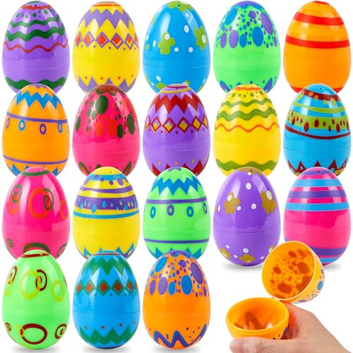 JOYIN 24PCS 3.15 Printed Easter Eggs, Empty Fillable Colorful Plastic Eggs Bulks for Easter Hunt, Basket Stuffers Filler, Classroom Prize Supplies