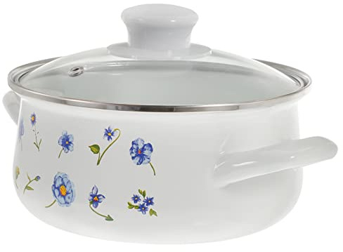 KICHOUSE 1 Set Enamel Stockpot Lid Vintage Floral Enamel on Steel Cooking Pot Multi-use Stewing Pot Ergonomic Double Handle for Home Kitchen Restaurant Pink 1.5L
