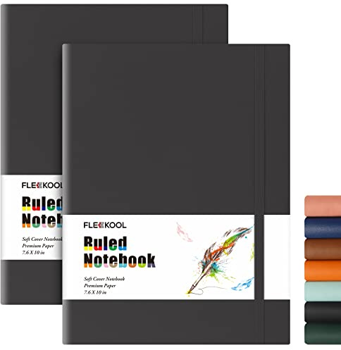 FLEEKOOL B5 College Ruled Notebook 2 Pack - Softcover Composition Notebooks with 100gsm Thick Paper,376 Numbered Pages,19 x 25 cm,Inner Pocket - Black Black