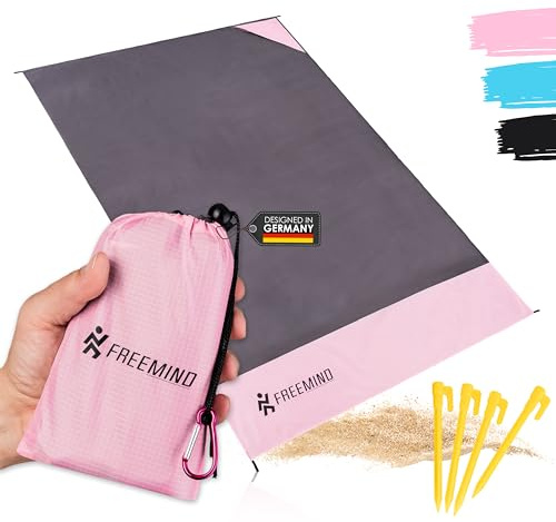 freemind Outdoor Stranddecke - ultraleichte, dünne Picknickdecke ohne Polsterung - 140 x 200 cm - wasserabweisend, kompakt, sandfrei - mini Pocket Blanket - inkl. Tasche, 4 Heringe, Karabiner