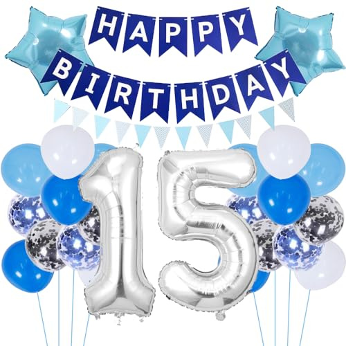 ZWWsullo Geburtstagsdeko 15 Jahre Junge Happy Birthday Deko Geburtstag Junge Folienballon 15 Geburtstag Deko 15 Ballon Blau Deko Luftballon 15. Geburtstag Junge deko Folienballon Party-Deko zum