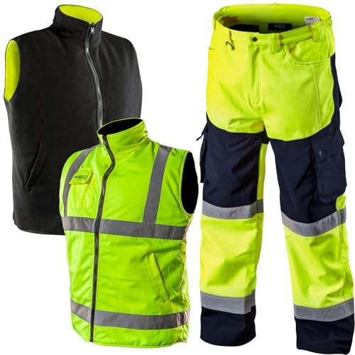 NEO TOOLS 2in1 Herren Profi Warnweste Gelb Wind, Wasserdichte oder Set | Mit Wasserdichte Hose Gr. S-3XL, Winterweste, Fleeceweste, Sicherheitsweste Arbeitsweste, Funktionsweste