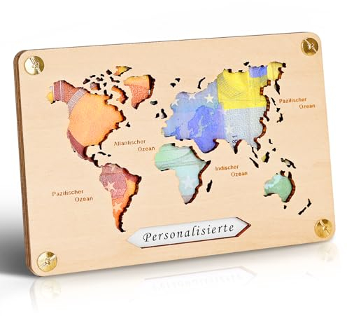 Frexpor Geldgeschenk Holz Grußkarte Weltkarte im Kleinforma für Männer und Frauen, Personalisierte Geld Geschenke Verpackung für Hochzeit, Geburtstag, Jugendweihe, Reise, Taufe, Konfirmation …
