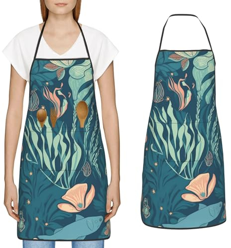 YoupO Kochschürze mit Unterwasserkreaturen, mit großen Taschen, wasserdichte Arbeitsschürze für Männer und Frauen, Weiss/opulenter Garten, Einheitsgröße