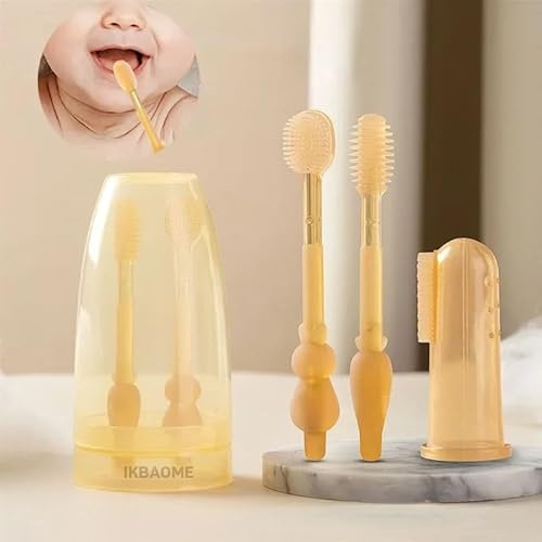 IKBAOME Baby Toothbrush Set, Silicone Baby Tongue Cleaner, 0-18M Infant 360 Degree Toddler Oral Care Toothbrush, Toothbrush + Tongue Brush + Baby Teether + Finger Toothbrush with Cup for Training