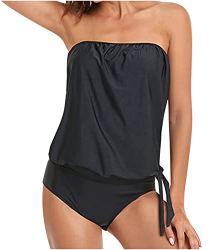 Two Piece Swimming Costume Women Bandeau Swimsuits Loose Fit Swim Tank Top with Shorts Swimwear Womens Bandeau Blouson Tankini Tops High Waisted Bikini Bottoms Two Piece Bathing Suits Tankini Sets