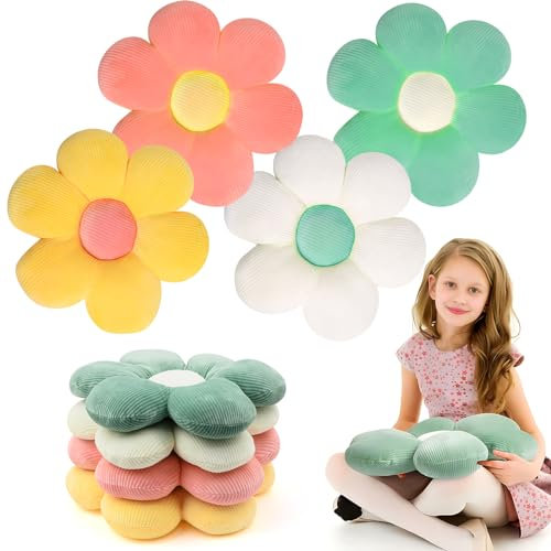 4 Pcs Flower Plush Throw Pillows Cute Flower Floor Pillow Daisy Shaped Floor Cushions Aesthetic Seat Cushion Chair Pads for Kids Seating Bed Bedroom Sofa Decor, 4 Styles (15 Inch)