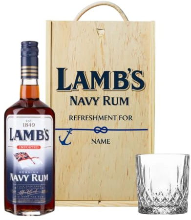 Beerhunter Personalised Lamb’s Navy Rum Gift Set with Glass 70cl 40% ABV in Premium Wooden Box – Navy Rum Gift for Men Birthday Fathers Day UK
