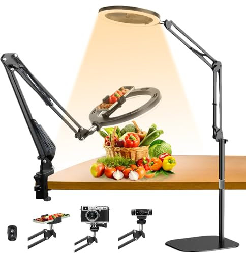 yAyusi Supporto per Telefono con Luce ad Anello, Treppiede per Ring Light da Pavimento/Scrivania a Doppio Scopo, Supporto per Fotocamera, Selfie Luce ad Anello LED Dimmerabile per Video/Streaming Live