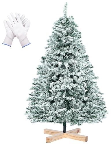 Sapin de Noël Artificiel avec Neige, Arbre de 210 cm avec 850 Pointes de Branche, Support en Bois et Gants, Système de Pliage à Montage Rapide, Décoration de Pine en Flocons de Neige Floqués Blancs