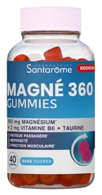 Santarome Bio - Magnésium Extra Fort 360 mg - Fatigue, Stress, nervosité - 2 mg de Vitamine B6, Taurine - Ultra dosé - 40 Gummies - Sans sucres - Goût Fruits Rouges