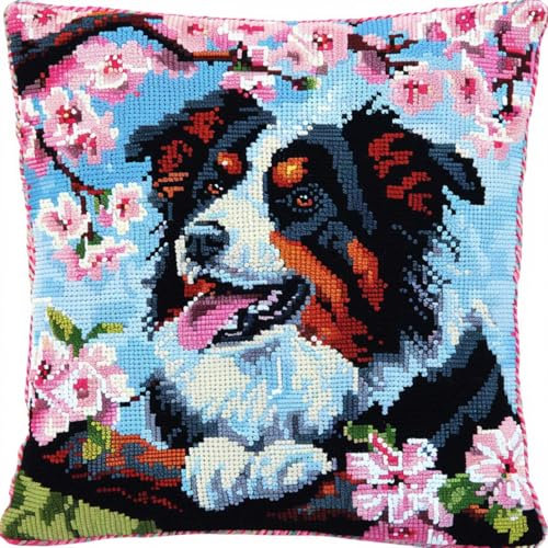 DIY knüpfen set erwachsene Border-Collie-Tier knüpfkissen Hund und rosa blühender Baum Knüpfhaken-Set für selbstgemachte Dekokissenbezüge，Handarbeits-Kissenbezüge，Handarbeit，Häkeln für 43x43cm
