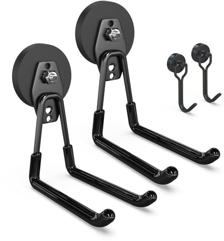 3-H krok magneter slitstark 2 stora, 2 små, magnetkrokar slitstark utan borr, u-formade magnetiska krokar slitstarka för att hänga och organisera stora elverktyg, stege, stol, elverktyg (svart)