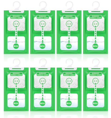 8 pcs 100g wardrobe moisture absorber, dehumidifier bag for hanging, anti-mould dehumidifier bag set, desiccant bag for bathroom kitchen car，dehumidifier cabinet Hook Design Individually Packed Green