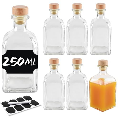 BLIENKREBY 6x Glasflaschen 250 ml mit Korken Leere, Glasflaschen zum Befüllen, Likörflaschen zum Befüllen, 8 Schwarze Etiketten mit Stift, mit Flüssigkeiten wie Öl, Essig und Spirituosen