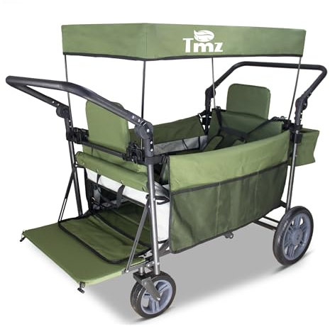 TMZ Folding Trolley Portable Push Pull Cart Wagon with Adjustable Handle Bar Handcart with 2 Seats and Canopy Transport Wagon for Beach Garden Camping 265LBS Capacity (Green/Beige)