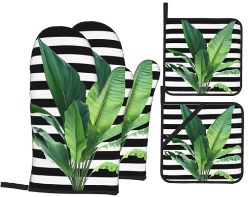 Cute Green Palm Leaf Oven Mitts And Pot Holders Set Of 4 – Insulated, Anti-Skid, Oven Gloves Hot Pads For Cooking, Baking, Grilling
