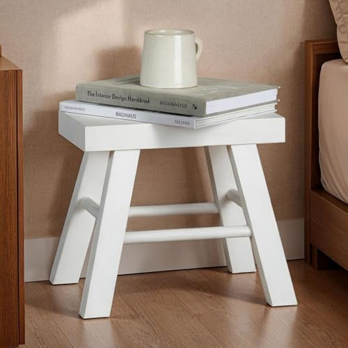 CARO-Möbel Sitzhocker ROSAL weiß - Hocker aus Paulowina Holz mit rechteckiger Form, Tritthocker mit 4 Füßen und Querbalken, Kleiner Dekohocker für Pflanzen